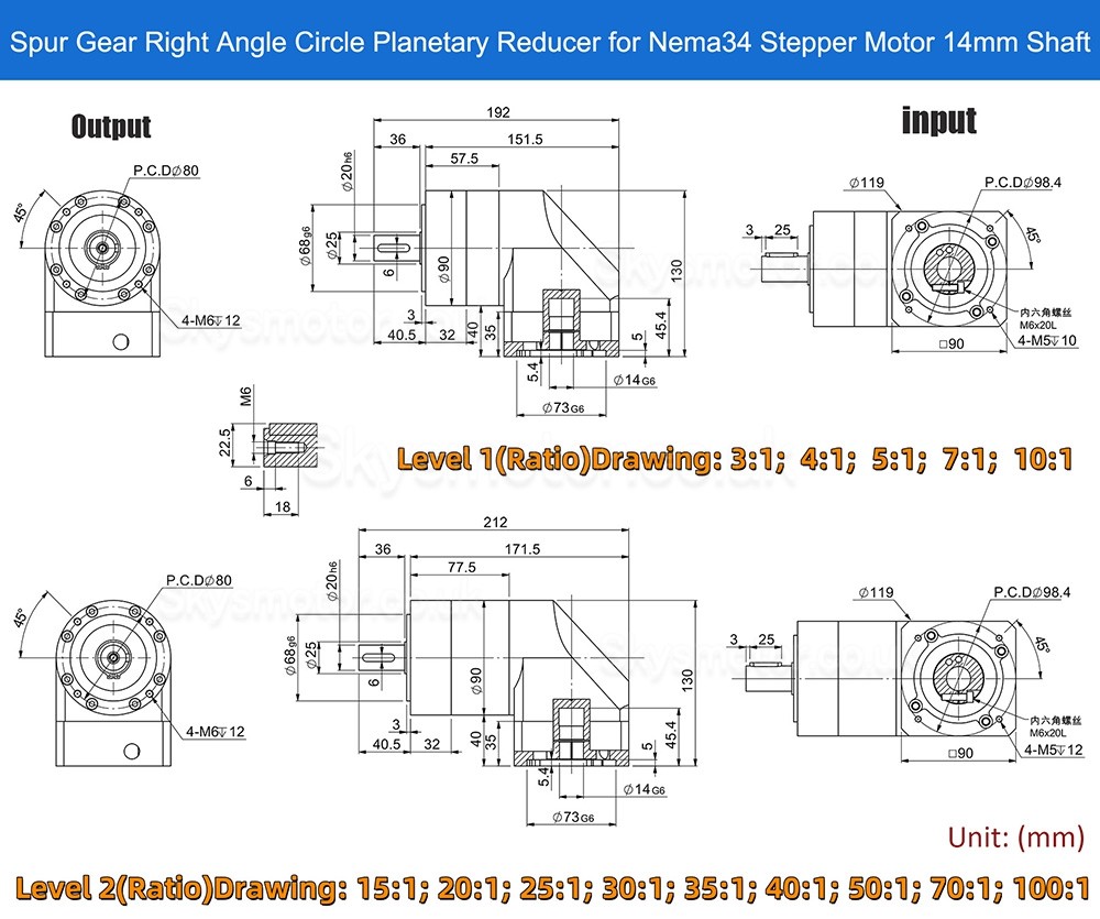 PVE090 Series Nema 34 Right Angle Planetary Gearbox Ratio 3:1 - 100:1 for NEMA34 86mm Motor / 80mm Servo Motor